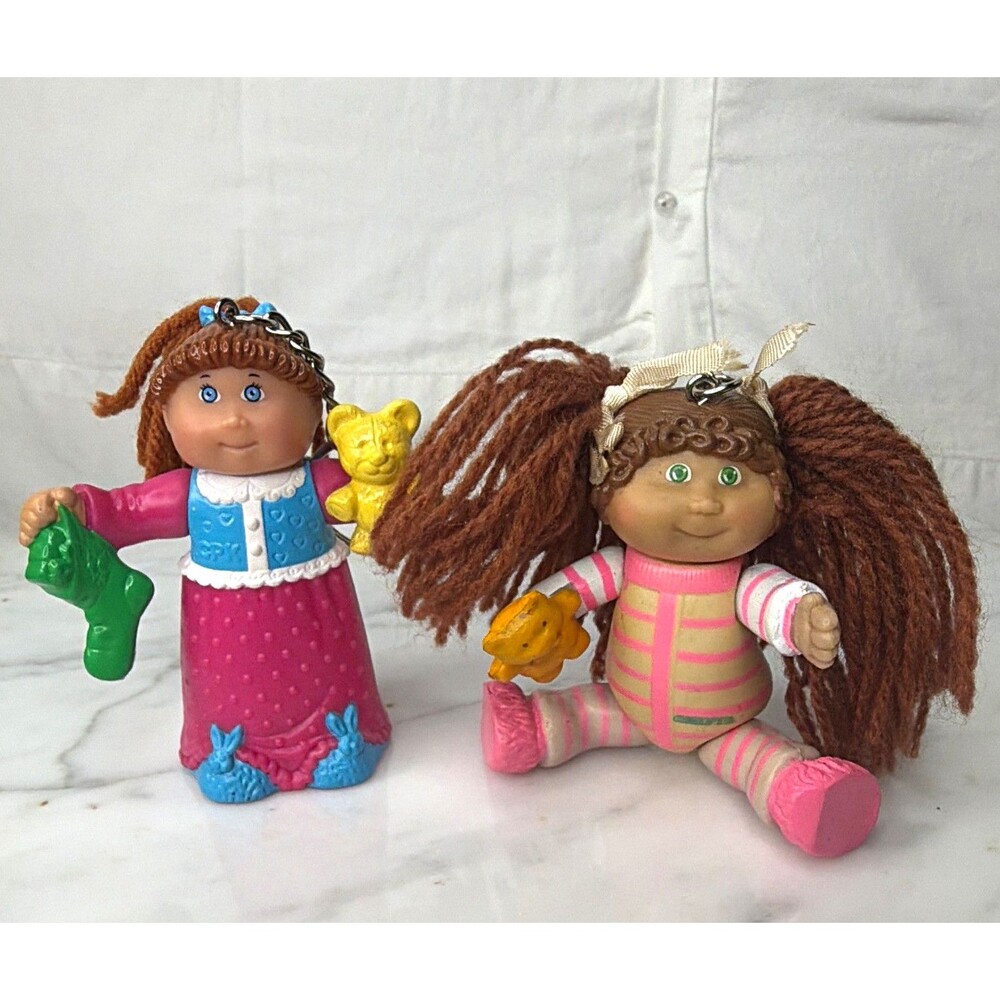 Cabbage Patch Kids Lot of 2 Doll Keychains w/ Belt Chain, Yarn Hair, Teddy